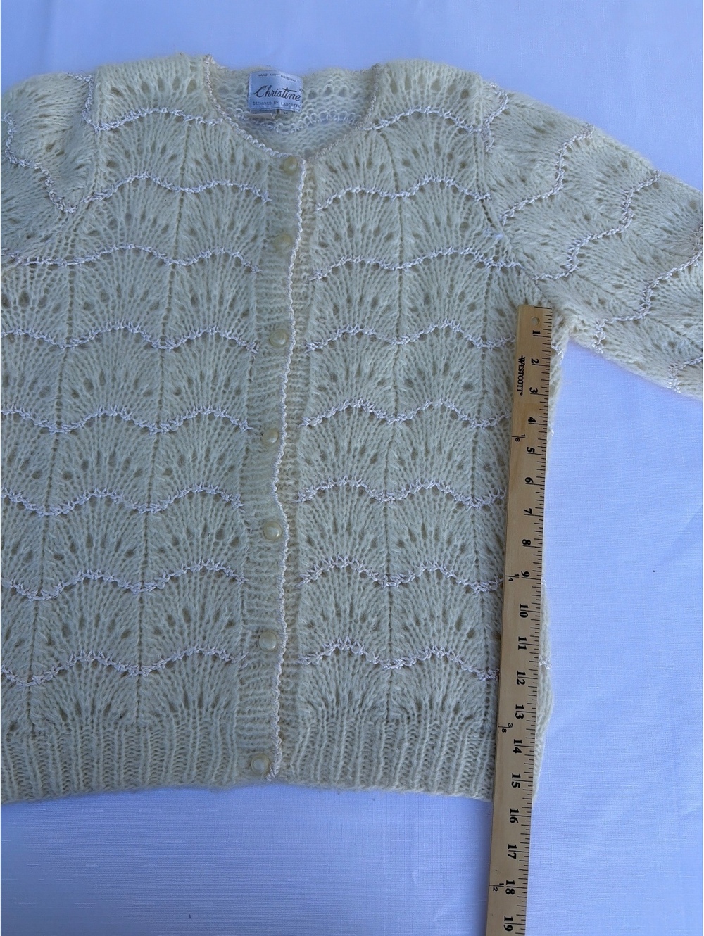 Christine Women's Size M Ivory Hand Knit Wool Blend Pearl Beaded Cardigan - Picture 4 of 7